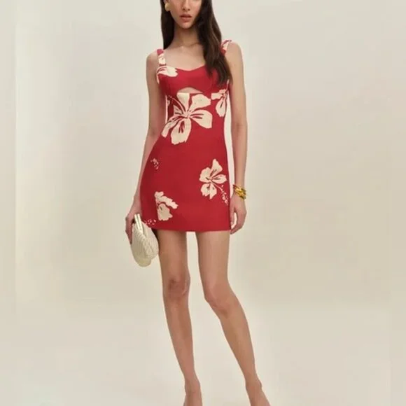 NEW Reformation Belma Linen Mini Dress Paradise Lost Red Floral | US 2 UK 4 - Picture 4 of 12